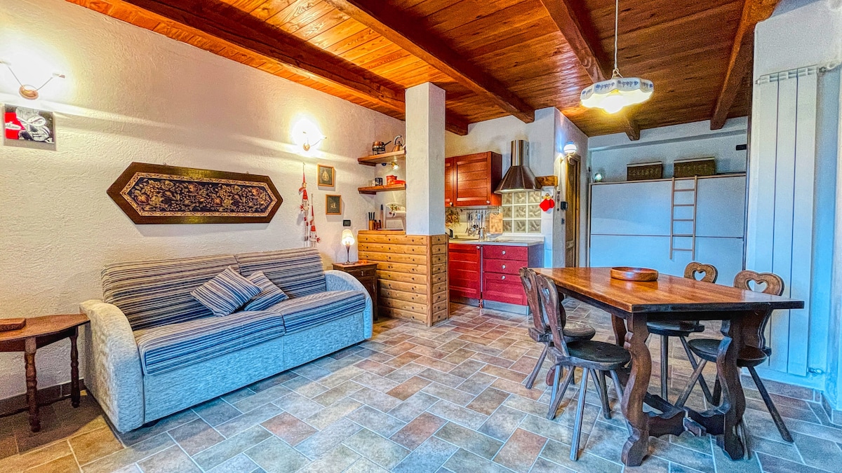 A cozy living space features a light-colored sofa with blue accents beside a rustic wooden dining table and four chairs. The kitchenette is set against a wall with red cabinetry. Natural light highlights the wooden beams overhead, creating a warm ambiance.