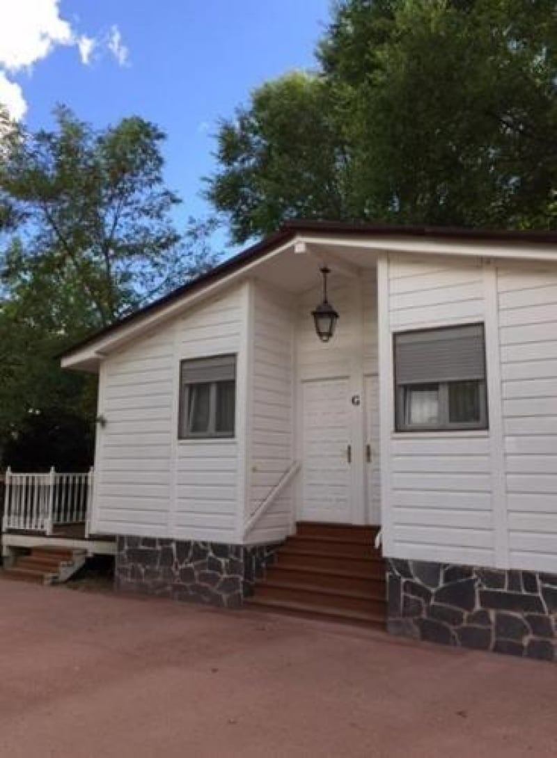 A bungalow features a light-colored exterior with a combination of wood and stone textures. Stairs lead to a welcoming entrance, adorned with a classic lantern and flanked by large windows. Lush greenery surrounds the structure, enhancing the natural setting.