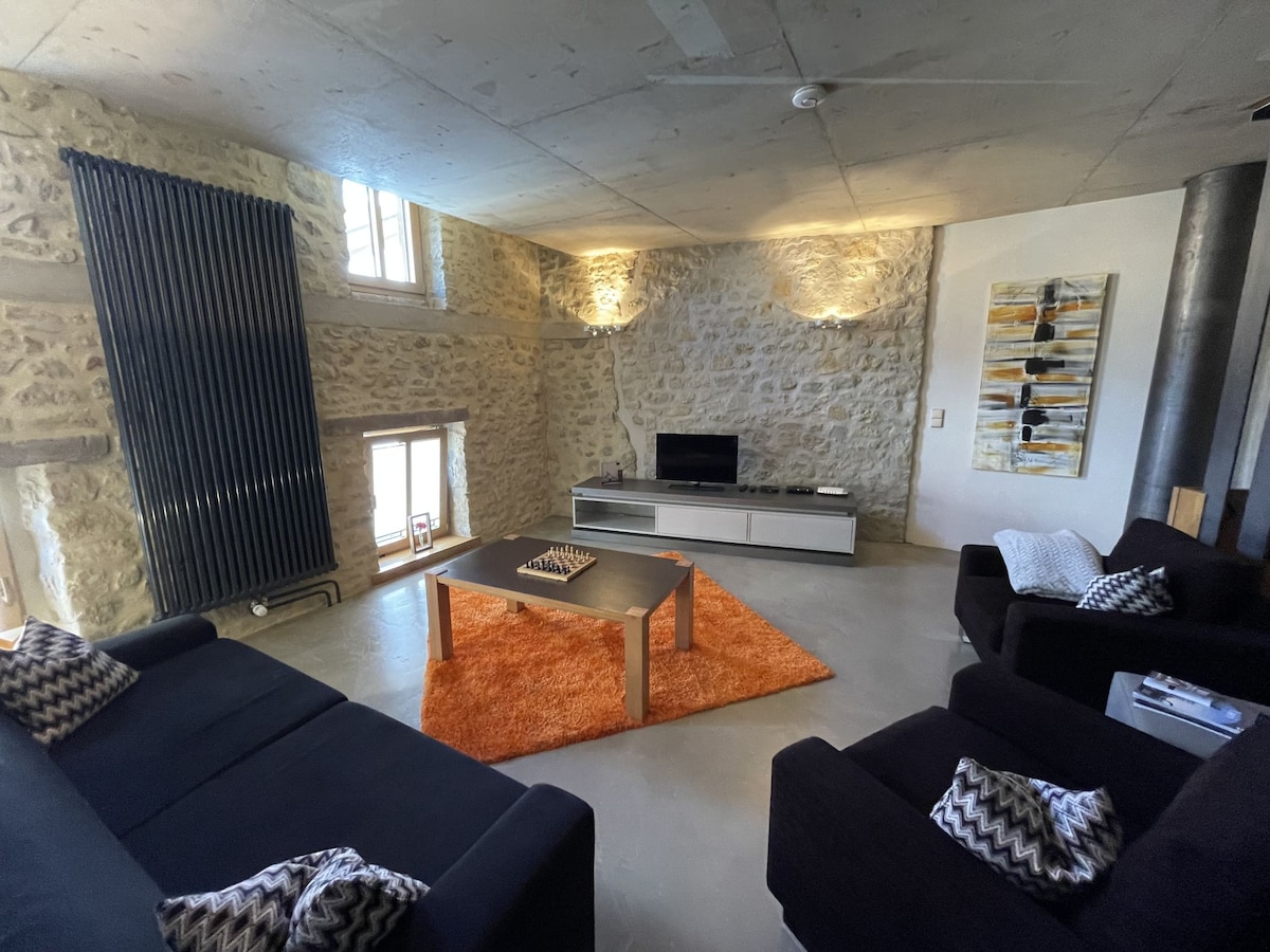 A living area features natural stone walls and modern decor. Two dark sofas are arranged around a central table on an orange rug. A television is positioned on a low white unit against the wall. Light filters in through two windows, enhancing the cozy ambiance.