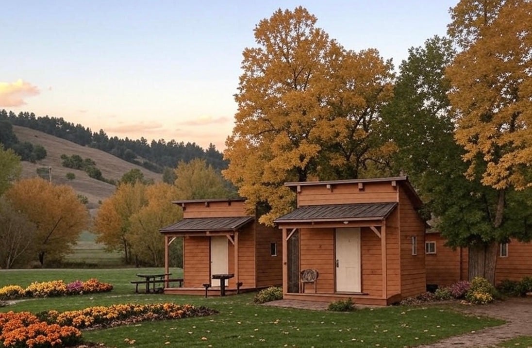 Two charming wooden cabins are framed by vibrant autumn foliage. Rows of colorful flowers decorate the grassy area in front, with a picnic table nearby. A gentle hillside can be seen in the background, enhancing the natural setting.