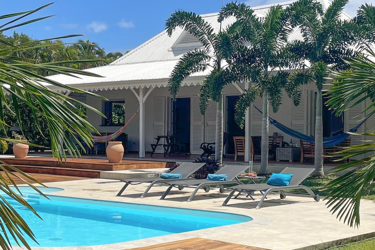 The exterior of Villa Coco showcases a swimming pool set against a backdrop of lush greenery. Sun loungers are positioned near the pool, while hammocks hang between palm trees. The villa features a spacious terrace with outdoor seating, enhancing the tropical atmosphere.