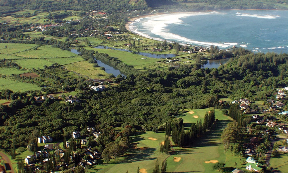 An aerial view captures the lush green landscape of Princeville, with gentle hills and a winding river flowing through. The coastline is visible, with waves lapping against the shore, and residential areas nestled among the trees, providing a sense of serenity and connection to nature.