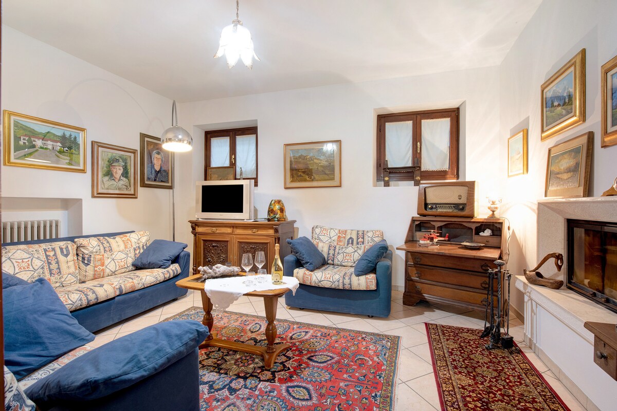 A cozy living room is featured, showcasing patterned sofas arranged around a wooden coffee table. A fireplace is visible, accompanied by artworks on the walls. Natural light enters through two windows, creating a warm atmosphere in the space.