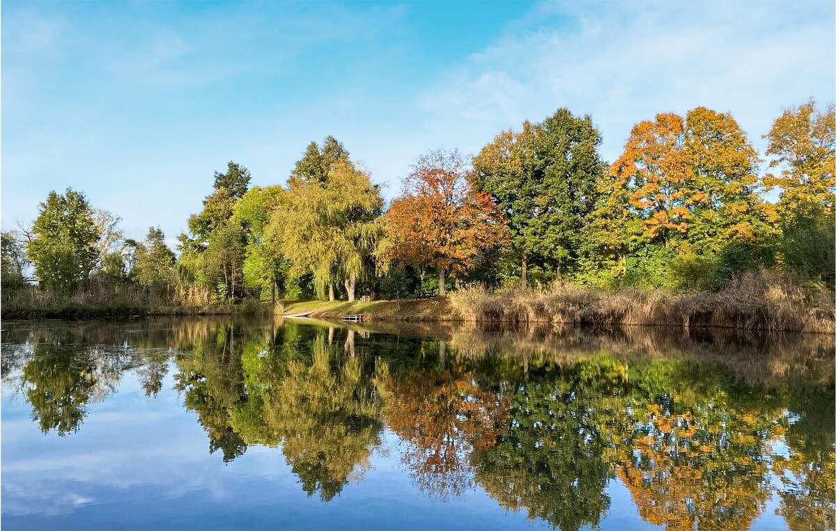 A serene lake is bordered by trees displaying autumn hues of orange and yellow, reflected perfectly on the calm water's surface. The clear blue sky above adds to the tranquil setting, enhancing the natural beauty of the wooded landscape.
