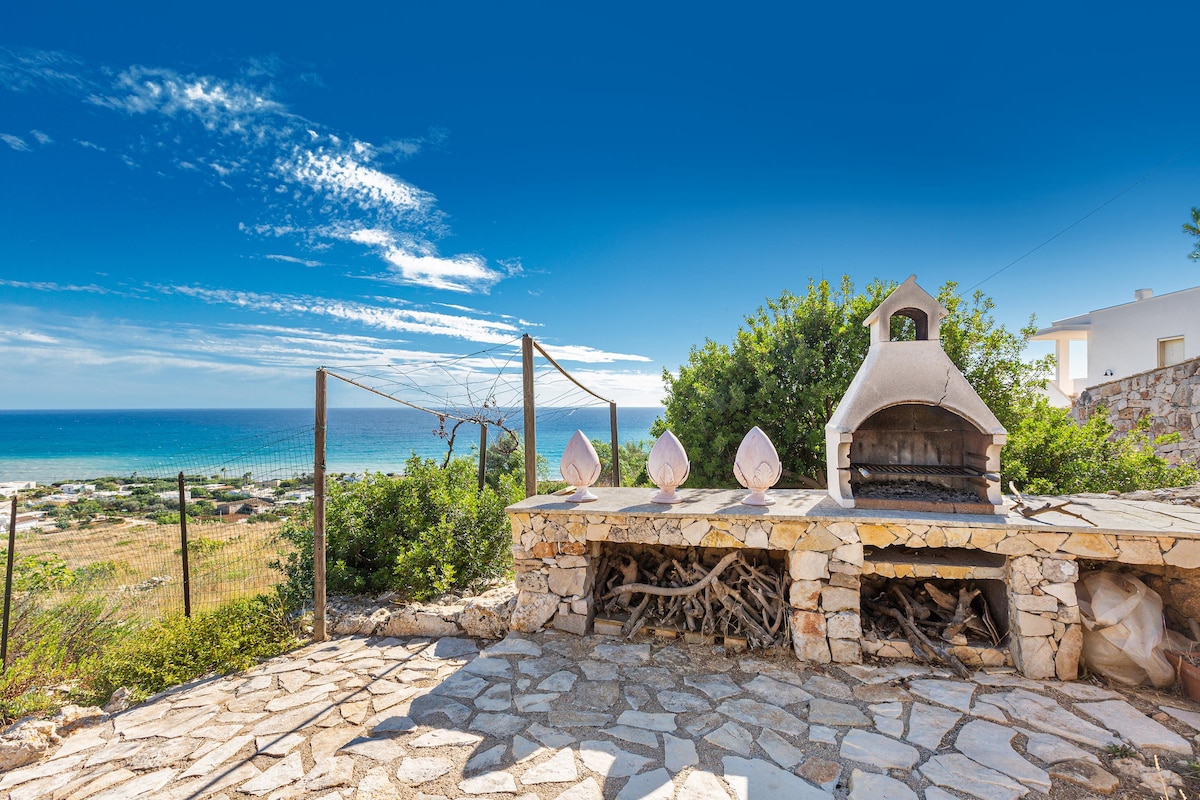 An outdoor barbecue area is showcased, featuring a built-in grill surrounded by stonework. The scene offers panoramic views of the sea and greenery, with blue skies stretching above. The ground is paved with flat stone, enhancing the rustic charm of the space.