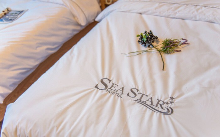The bedding features crisp white linens adorned with the 'Sea Star Hostel' logo. A cluster of green leaves and small grapes are placed decoratively on one of the beds, adding a touch of natural elegance.