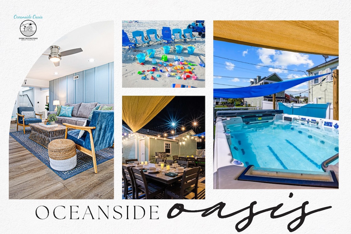A collage highlights the inviting lounge area with comfortable seating, a vibrant outdoor space adorned with colorful beach chairs and toys, and a relaxing hot tub surrounded by soft lighting. The open atmosphere showcases the perfect setting for a coastal retreat.
