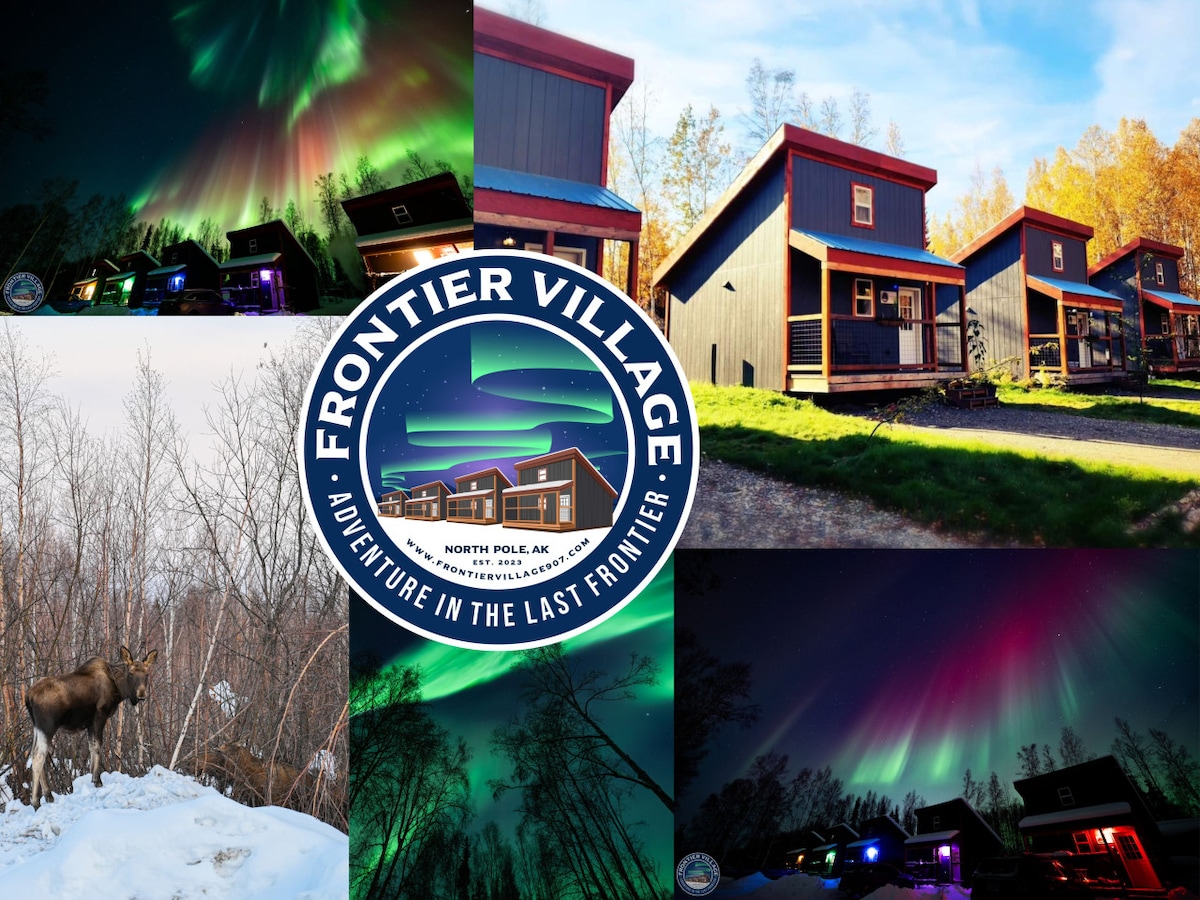 The image showcases a modern guest cabin nestled among birch trees, under a vibrant aurora-lit sky. A moose can be seen in the snow, while colorful lighting accentuates the cabin's exterior, creating a welcoming ambiance in a serene setting.