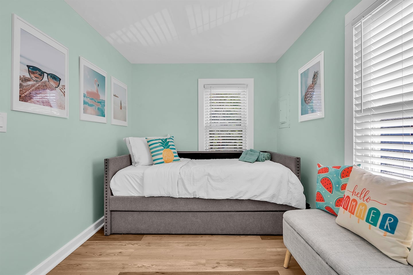 Second bedroom's trundle daybed opened out to its two twin memory-foam mattresses