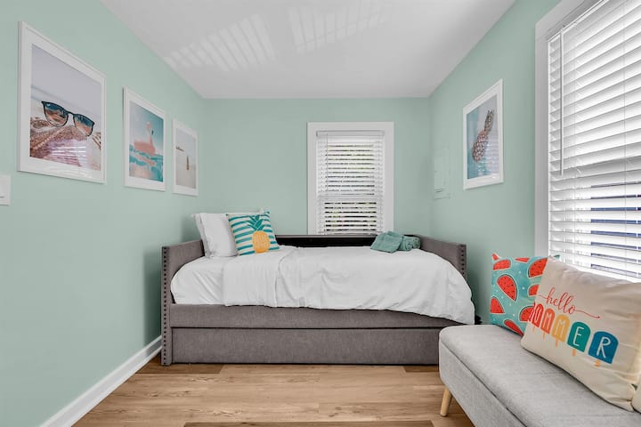 Second bedroom's trundle daybed opened out to its two twin memory-foam mattresses