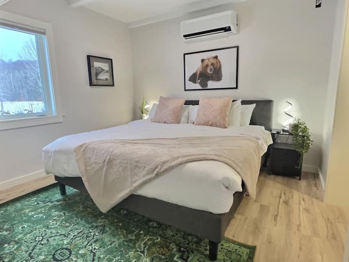 Chambre avec un tapis vert et un mobilier simple.