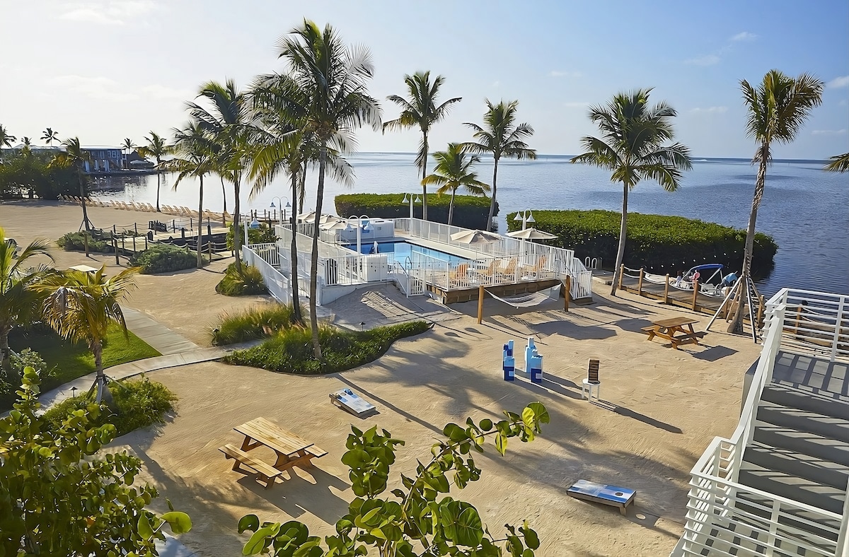 An outdoor space is featured, showcasing a heated swimming pool surrounded by loungers and palm trees. Picnic tables are positioned nearby, with a view overlooking the water. The area is neatly landscaped, providing a serene atmosphere for relaxation and recreation.