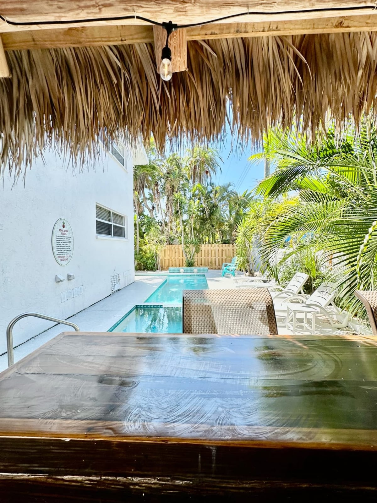 A view through a tiki hut features a sparkling pool surrounded by palm trees and lounge chairs. The area is bright and inviting, with sunlight filtering through the lush greenery, creating a relaxing outdoor atmosphere.