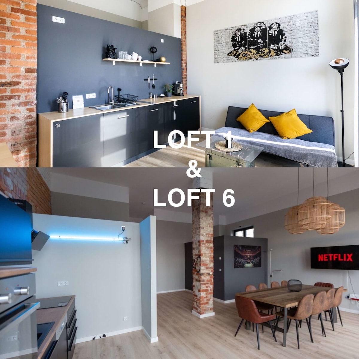 Two spacious lofts are presented, featuring modern furnishings and distinct styles. Loft 1 includes a sleek kitchen with minimalist design elements, while Loft 6 boasts a large dining table capable of seating ten. Natural light enhances the open layout, accentuating the industrial brick accents.