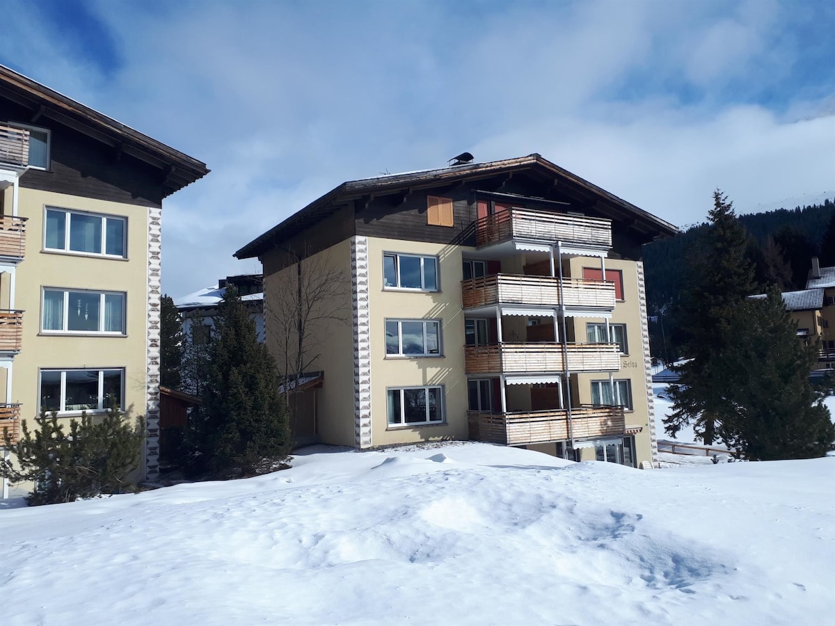 The exterior of the apartment building Casa Selva is shown, featuring a modern facade with wooden accents. Snow covers the ground, and trees are located in the foreground, contributing to the serene winter landscape.