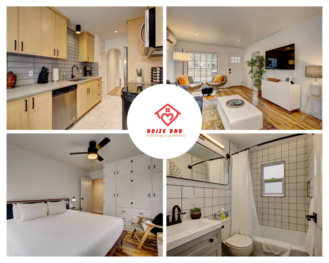 A modern bungalow interior is showcased, featuring a well-equipped kitchen with light wood cabinetry, an inviting living space with a large flat-screen TV, a cozy bedroom with a spacious bed, and a stylish bathroom with minimalist fixtures.