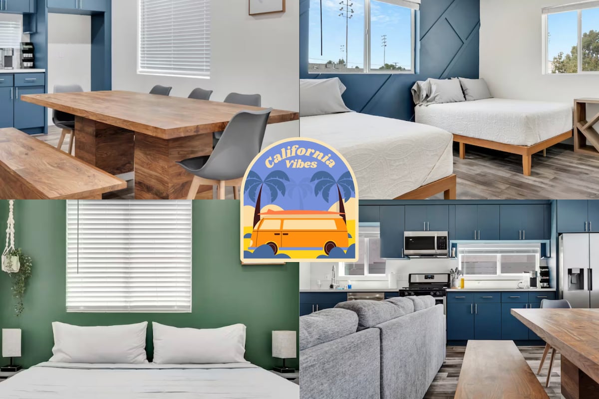 A modern living space is showcased with an open layout. A spacious dining table is surrounded by sleek chairs. Bright bedrooms are presented with minimalist décor and ample natural light. The kitchen, equipped with modern appliances, flows into a cozy living area featuring a comfortable couch.