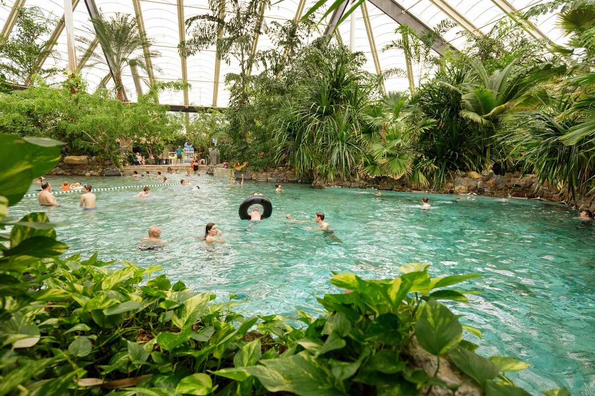 A spacious indoor pool area is surrounded by lush tropical plants and palm trees. Guests are seen enjoying the water, with various flotation devices in use. The glass roof allows for natural light to illuminate the inviting atmosphere.
