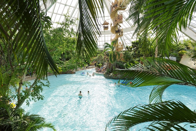 A spacious indoor water park is enveloped by lush greenery, featuring a large pool with gentle waves. Guests can be seen enjoying the water activities, while towering glass ceilings allow natural light to flood the area, enhancing the tropical ambiance.