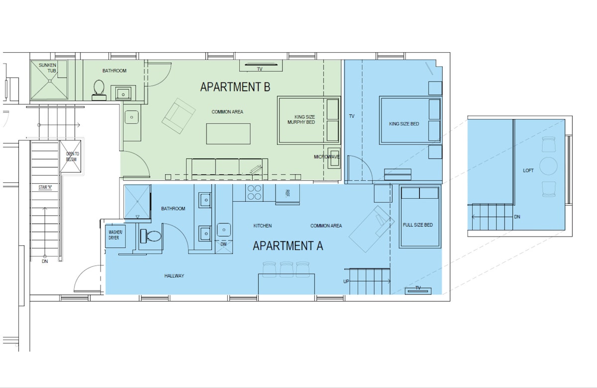 The floor plan illustrates two connected units within the suite. Apartment A features a kitchen, dining area, and a king bed in the bedroom. Apartment B includes a king size murphy bed and a common media area. Bathrooms are accessible in both units.