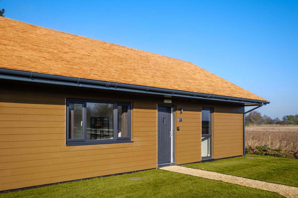 The exterior of a modern, single-level apartment is showcased, featuring a light brown facade and a sloped roof. Large windows provide ample natural light, while a neatly maintained lawn surrounds the building. The entrance is marked by a dark door and a pathway leading to it.