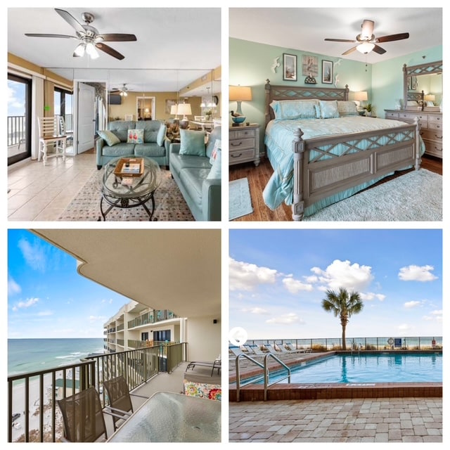 A spacious living area features comfortable seating with soft blue accents and large glass doors leading to the balcony. Natural light fills the room, creating an inviting space for relaxation.