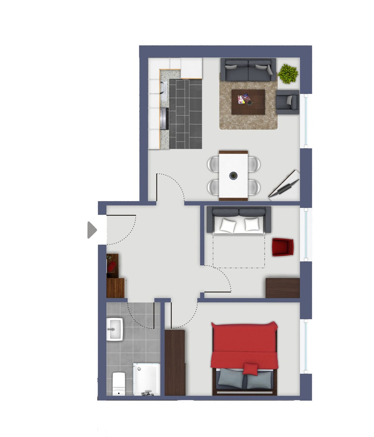 A floor plan of a cozy three-room apartment is displayed, featuring a living area with a kitchen and dining space, two bedrooms, and a bathroom. Distinct areas for relaxation and dining are visually separated, with clear pathways highlighted throughout the layout.