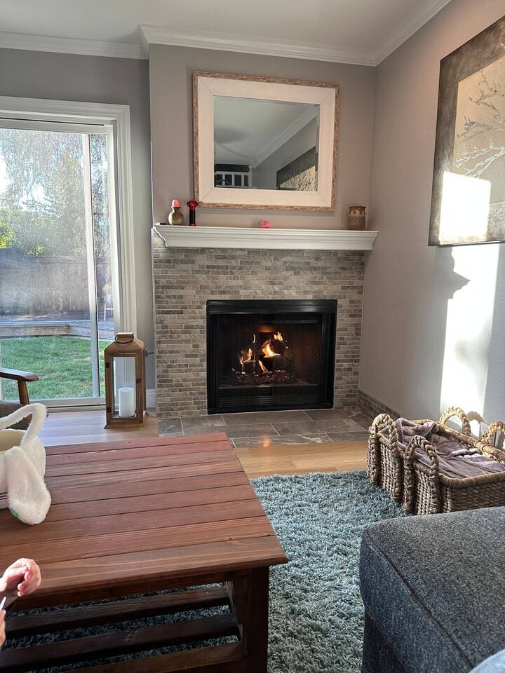 Downstairs living area with gas fireplace and view of backyard.