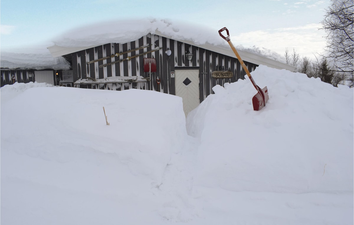 A snow-covered holiday home is framed by large drifts of white snow. A red snow shovel leans against one of the mounds, and snow accumulates on the roof, indicating the winter season. The entrance is visible, providing access to the cozy interior.