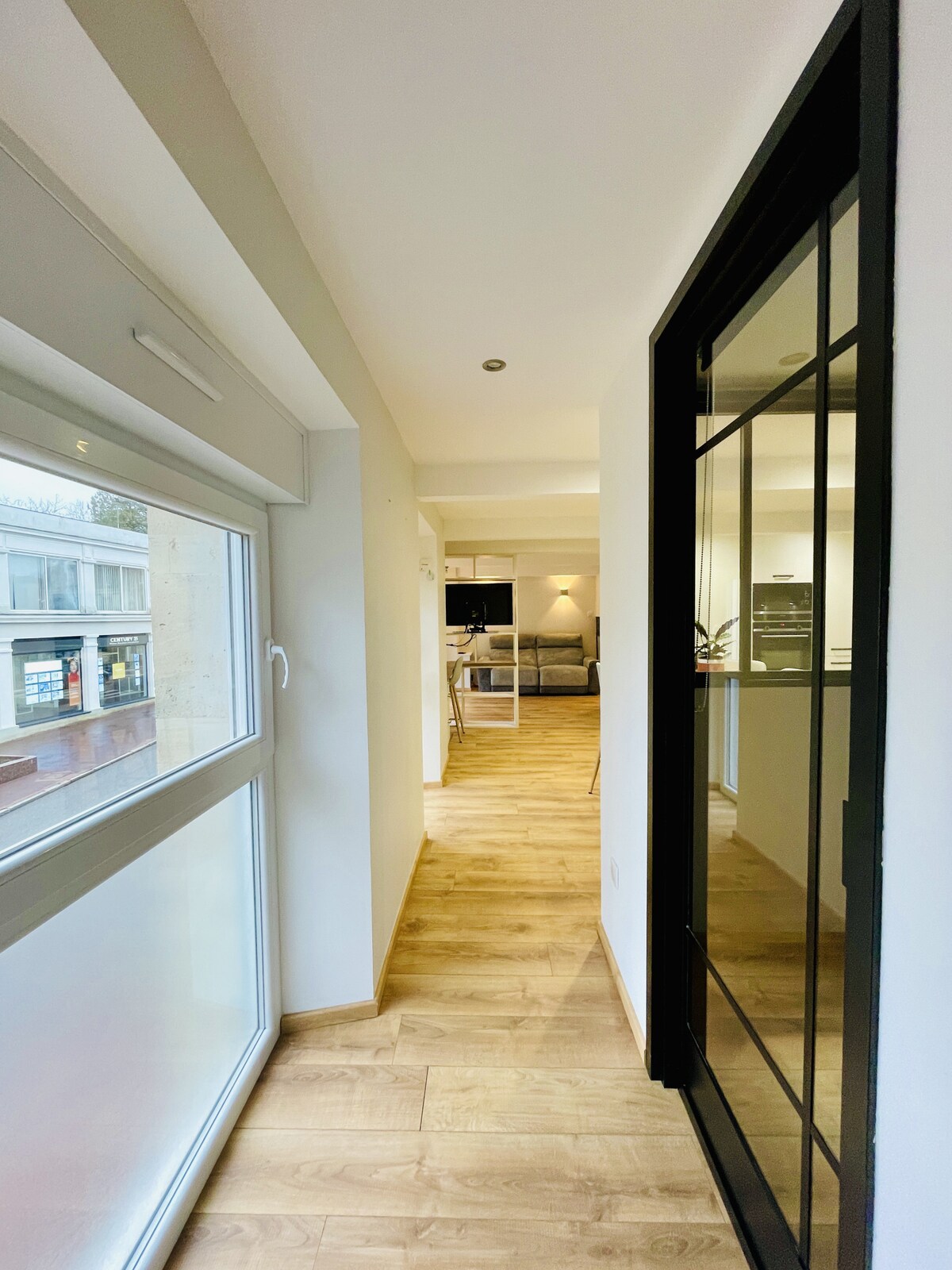 A bright corridor is framed by large windows on one side, allowing natural light to fill the space. The polished wooden floor adds warmth, leading toward an open living area that can be glimpsed in the distance. A glass-paneled door offers a view of the neighboring room.