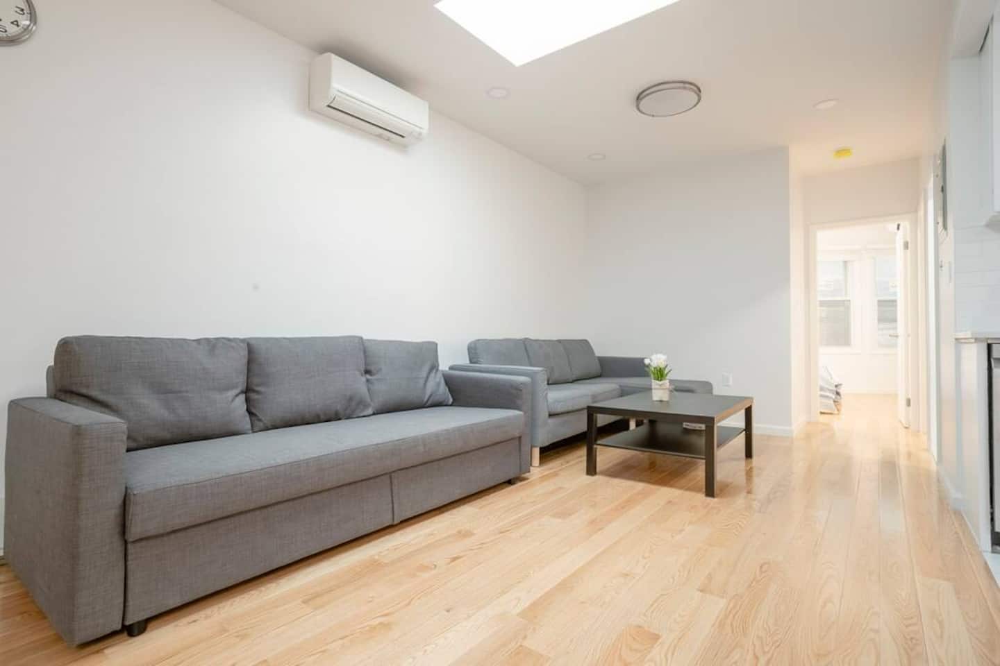 Bright living room with skylight, gray sofa and hardwood floors