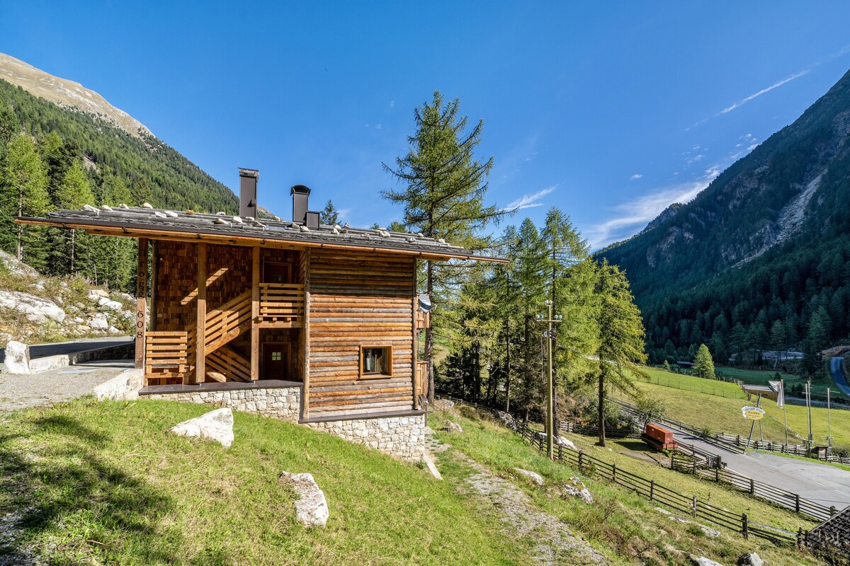 A wooden chalet is set against a backdrop of mountains, framed by lush greenery and clear blue skies. The exterior features a combination of stone and timber, with balconies offering scenic views of the surrounding landscape. A road leads through the vibrant valley below.