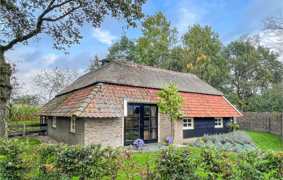 The exterior of a charming countryside house is highlighted, featuring a thatched roof and a mix of brick and wooden siding. Surrounded by lush greenery and mature trees, the entrance showcases large glass doors, inviting natural light into the living space.