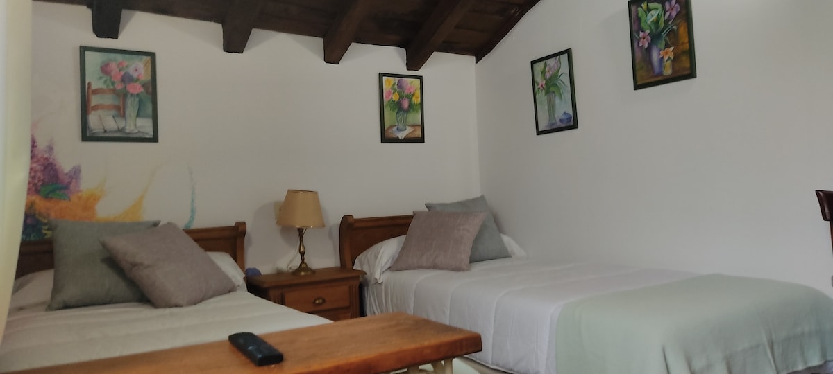 The room features two individual beds adorned with soft linens and decorative pillows. A bedside table stands beside each bed, illuminated by a lamp. Walls showcase framed floral artwork, and exposed wooden beams create a rustic ambiance.