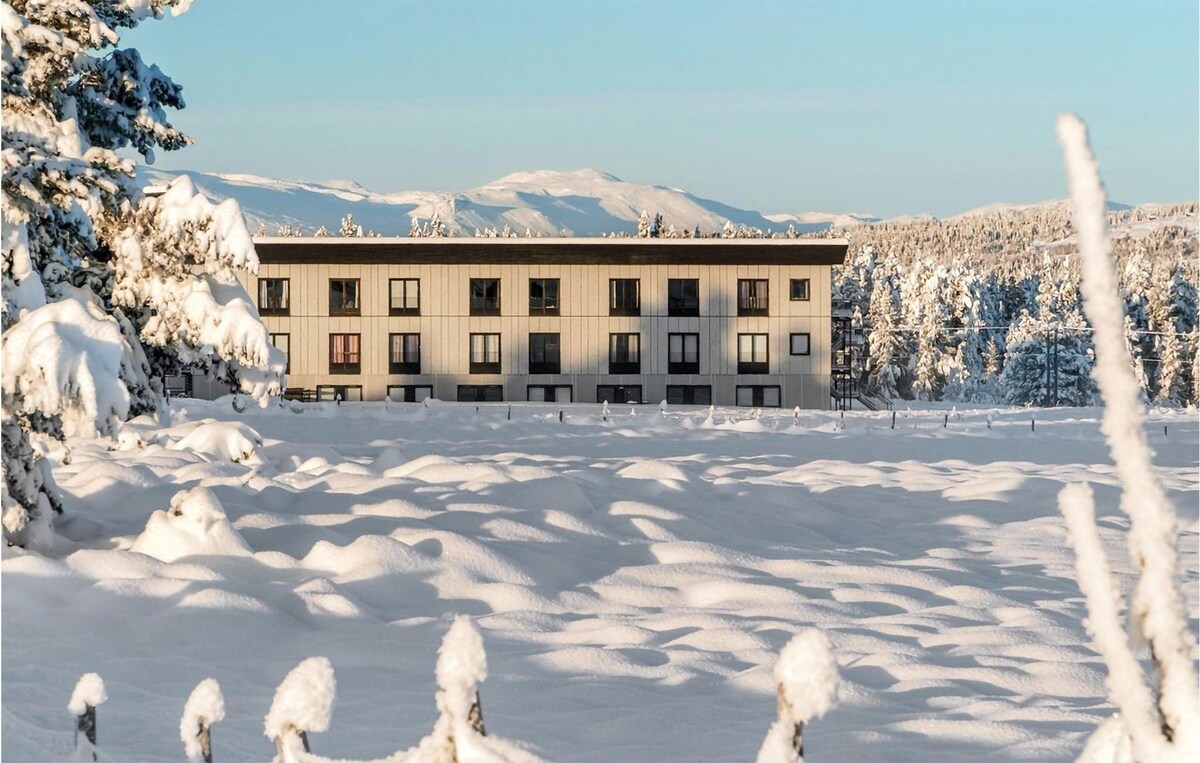 A snowy landscape surrounds a three-story building, featuring a combination of dark and light window panes. The structure is set against a backdrop of snow-covered trees and distant mountains, under a clear blue sky.