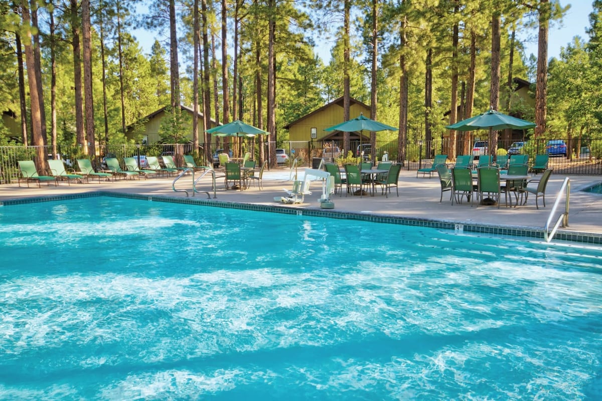 An outdoor swimming pool is surrounded by tall pine trees, with lounge chairs and umbrellas arranged on a deck. The water appears inviting, and nearby tables accommodate guests. The setting reflects a relaxed atmosphere, ideal for enjoying the natural surroundings.