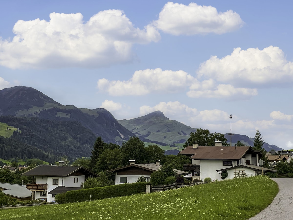 A hillside landscape features traditional homes nestled in a lush green field, with mountains rising in the background. Fluffy clouds drift across a clear blue sky, enhancing the serene rural environment.