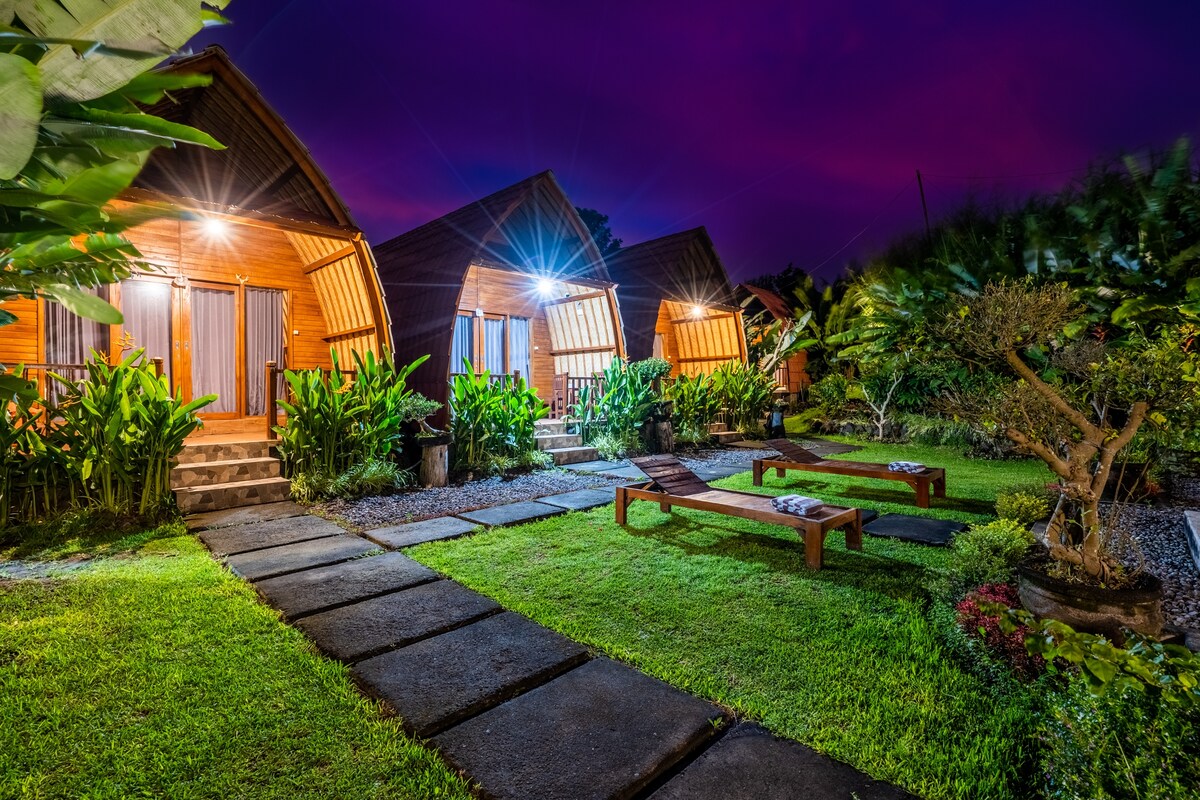 Four wooden bungalows are visible along a stone path, nestled among lush greenery. Each bungalow has large windows and patio doors, illuminated softly against the evening sky. Two lounge chairs are placed on the grass, offering a tranquil space for relaxation.
