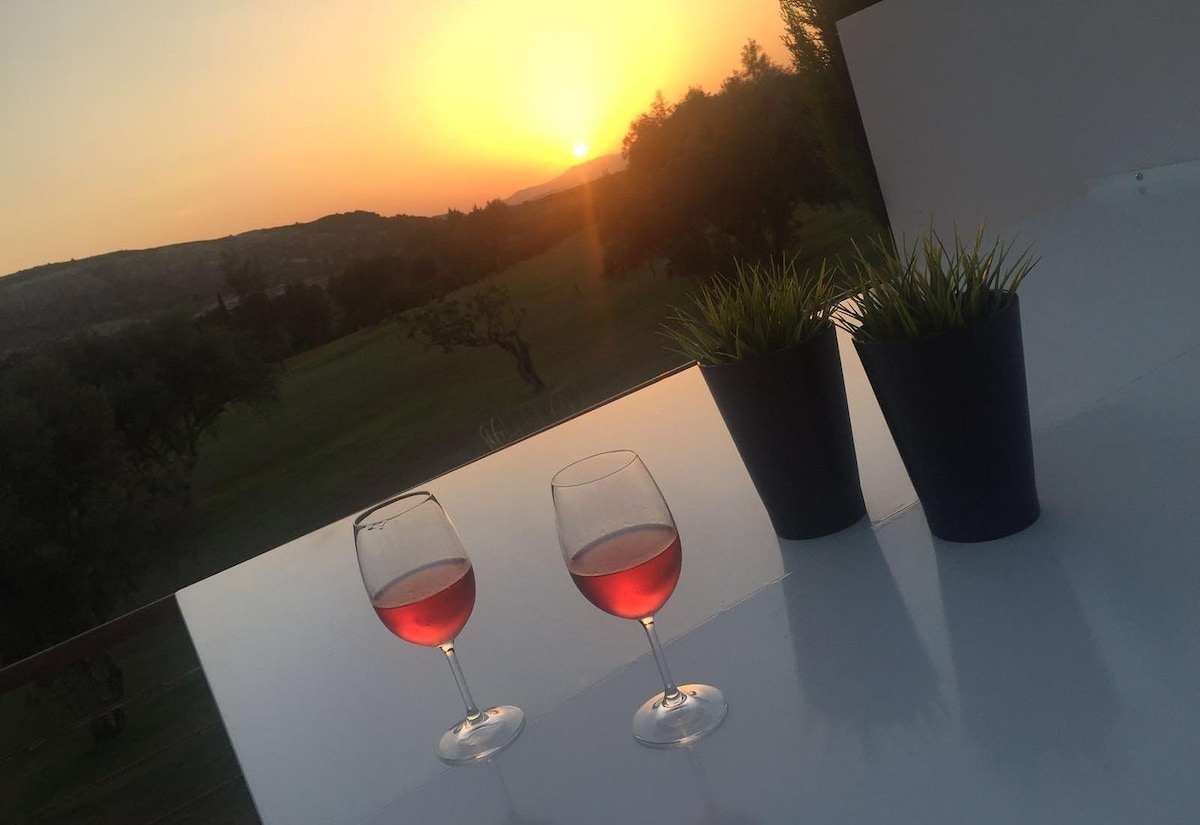 Two glasses of rosé wine are placed on a white table, set against a sunset view. The vibrant orange and yellow hues fill the sky, with outlines of distant hills and trees visible. Two potted plants add a touch of greenery to the scene.