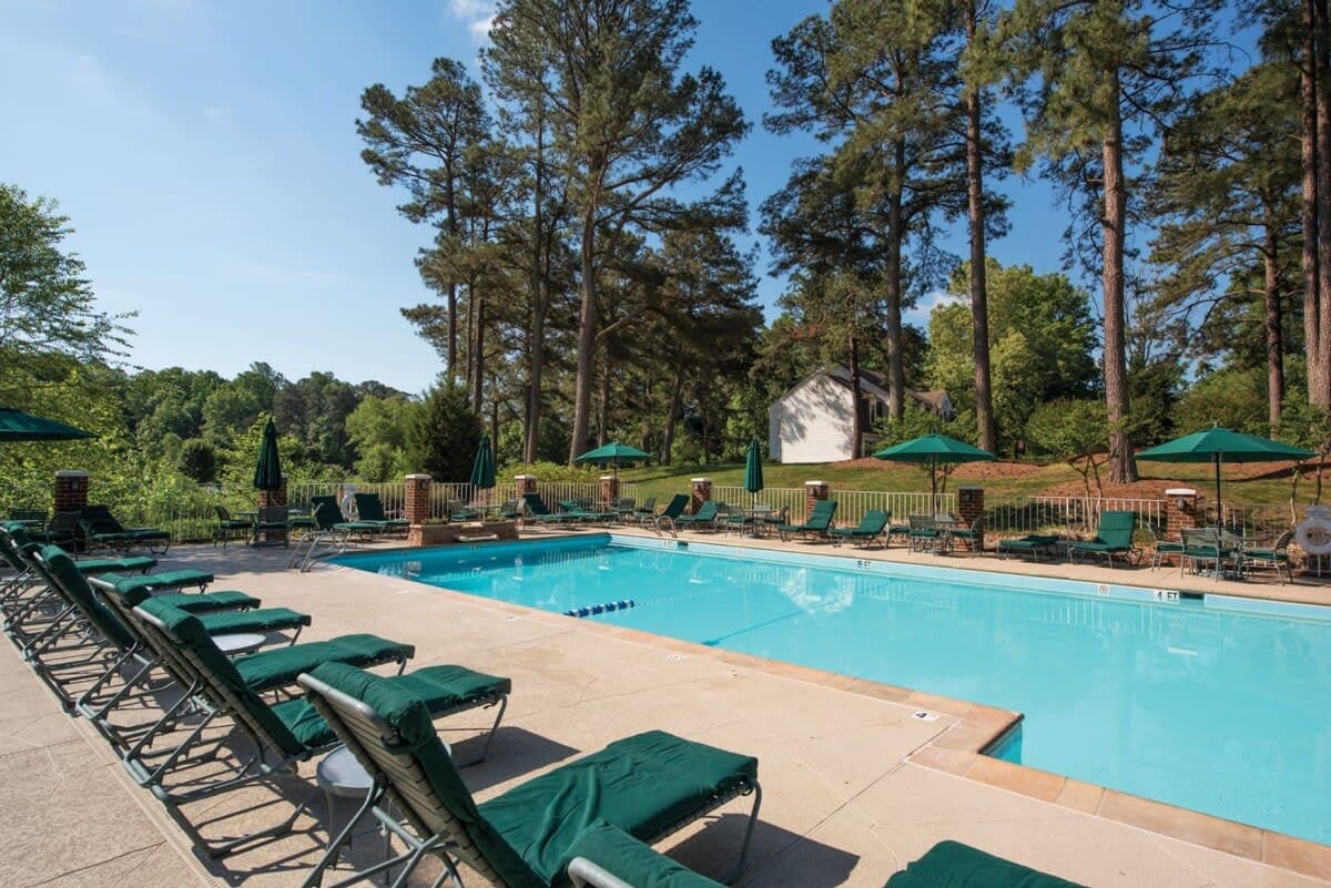 An outdoor swimming pool is surrounded by lounge chairs and umbrellas, situated within a lush landscape of tall trees and greenery. The pool area is well-lit by natural sunlight, with a spacious deck inviting guests to relax by the water.