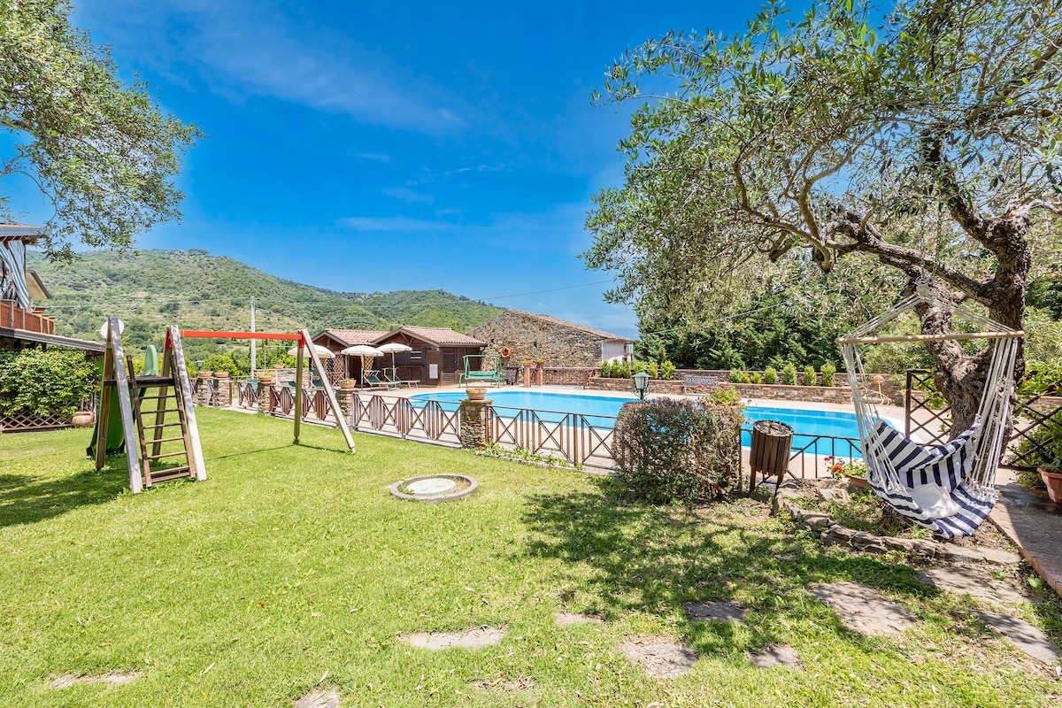 A shared swimming pool is surrounded by a well-maintained grassy area. Nearby, a wooden swing set and a hammock provide relaxing outdoor spots. Lush trees offer light shade, creating an inviting atmosphere for leisure activities.