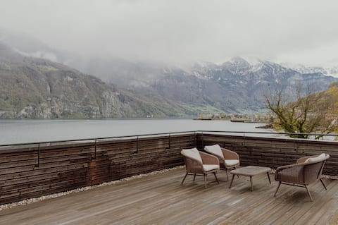 Modern Lakefront Home with Mountain Views