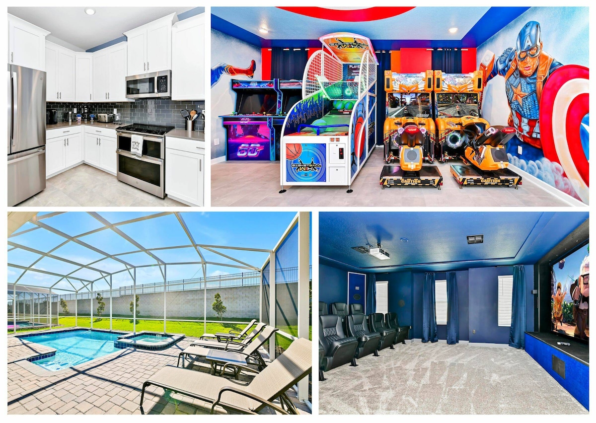 The collage showcases four distinct areas of the villa. A modern kitchen with white cabinetry and stainless steel appliances is highlighted. The arcade hall features colorful games. The outdoor space is equipped with a pool and loungers. A cinema room displays plush seating and dark blue walls.