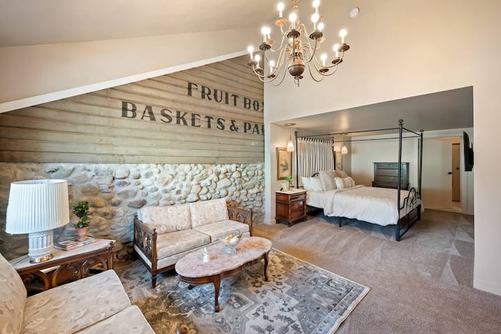 The large Winter Room is the Bridal Suite and Primary bedroom. It includes a King bed, large sitting area, TV and en suite bathroom.  