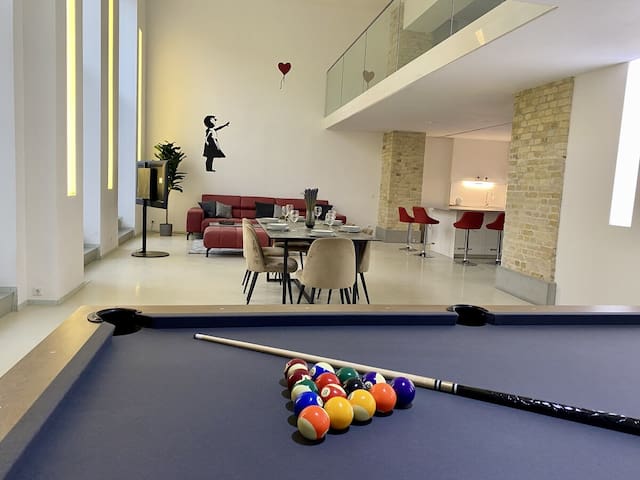 Loft with Pool Table, Kitchen Island & Gallery