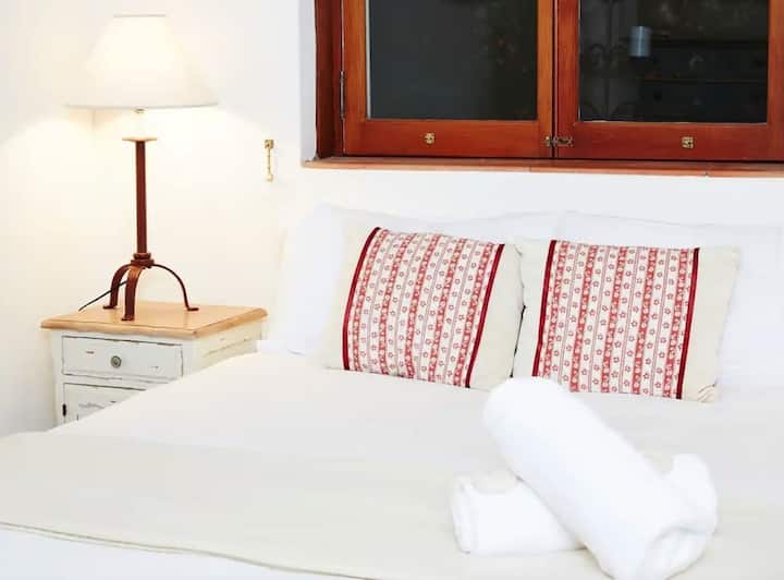 Cozy up in the comfort of our guest room, featuring a plush queen-size bed and plenty of natural light.