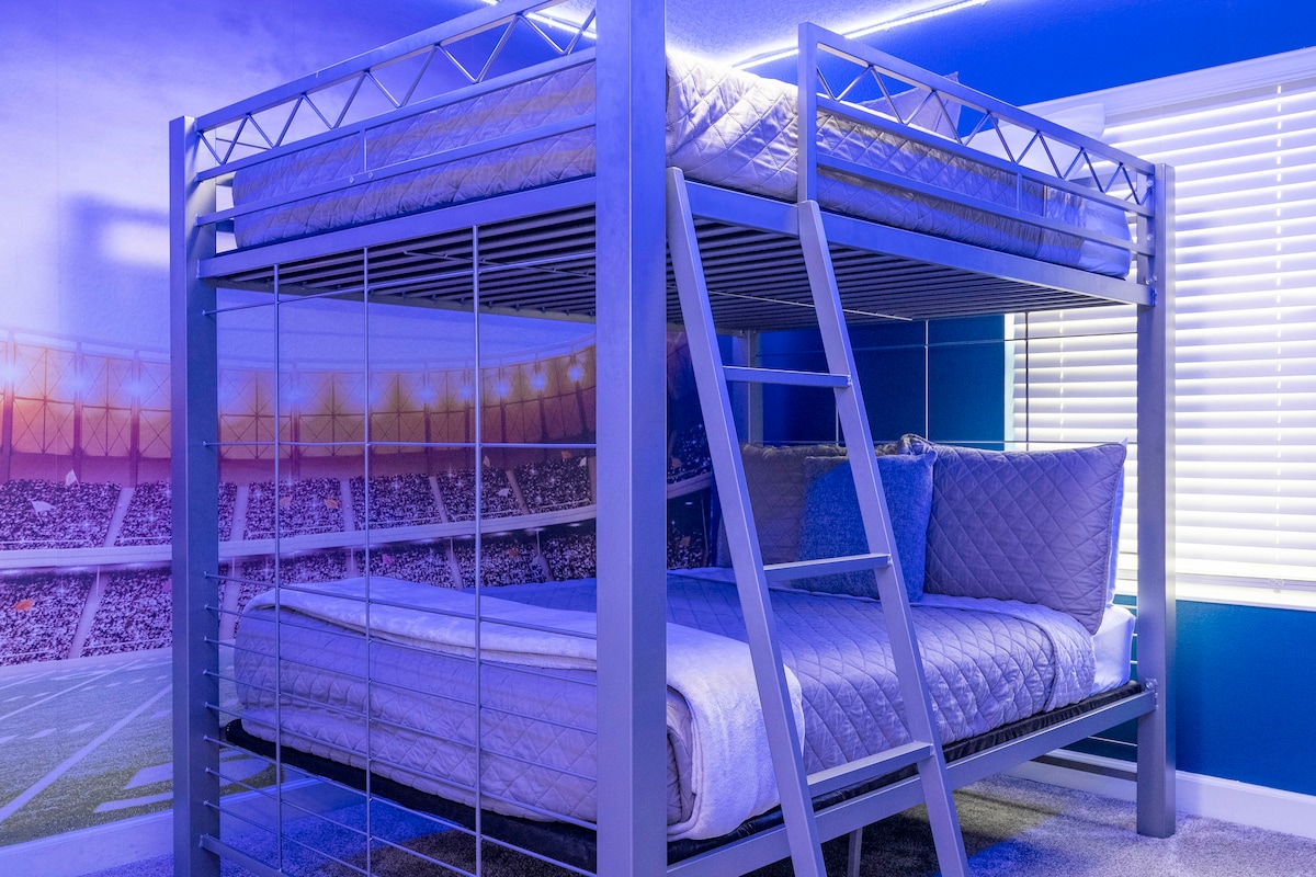 Step into our beautiful and vibrant Baseball themed kids' room, complete with bunk  bed full over full. This spacious and comfortable haven is perfect for your little ones to unwind and let their imaginations soar after a day of vacation excitement.