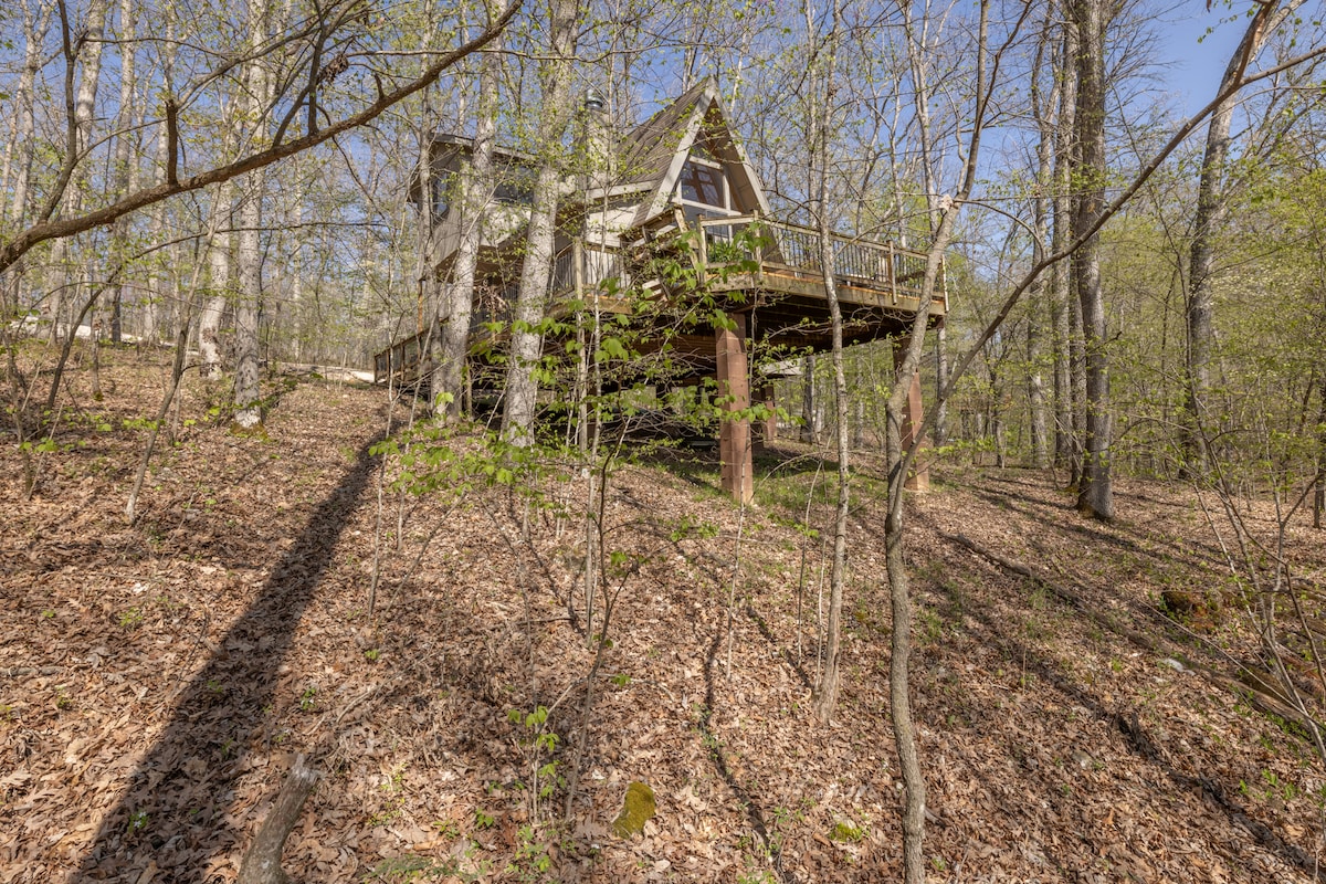 A rustic chalet is nestled among trees, elevated on wooden supports, surrounded by a natural landscape of leaf-strewn ground and budding foliage. Large windows reflect the sunlight, providing a view of the serene woodland setting.