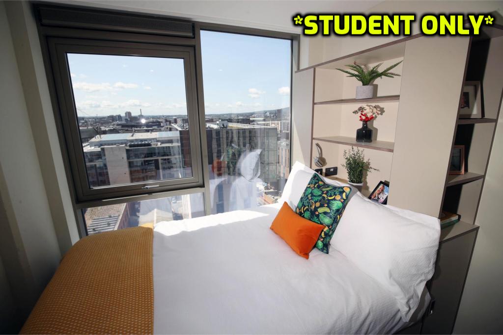 A well-lit sleeping area features a double bed with a bright orange and patterned decorative pillow. A large window offers city views and natural light, while a shelf next to the bed displays plants and personal items.