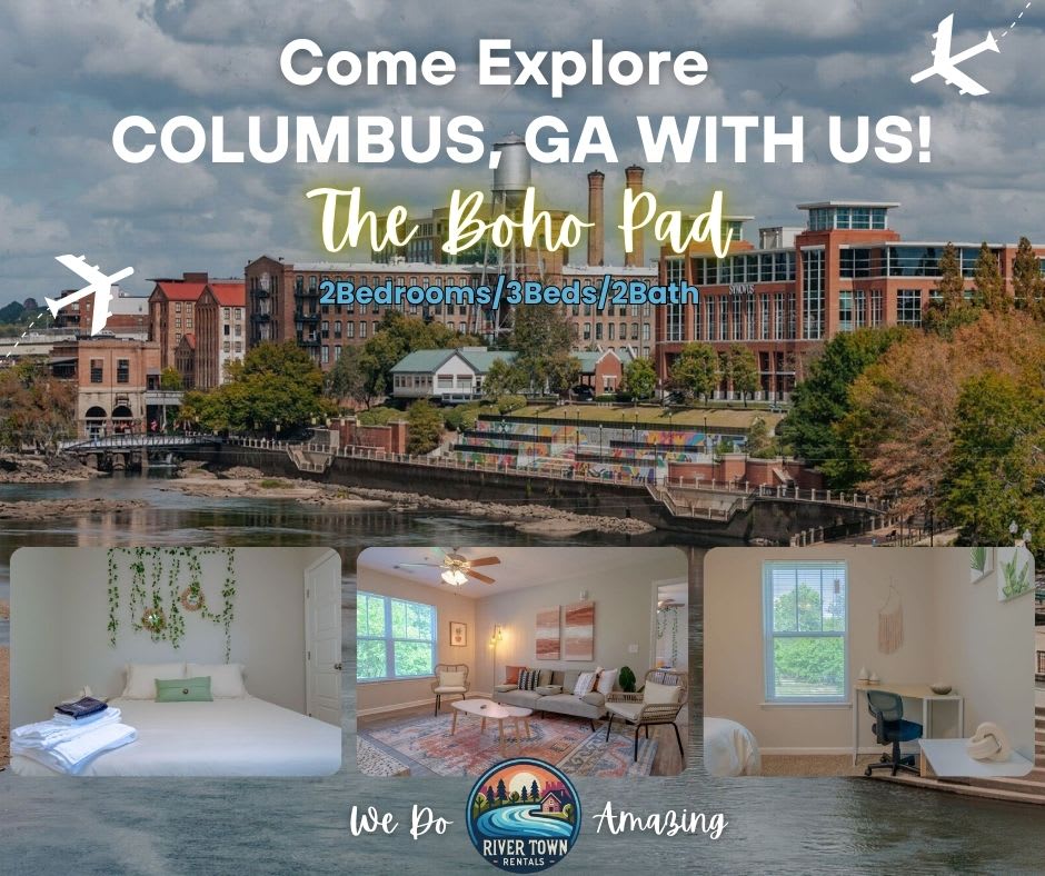 A scenic view of the Chattahoochee River highlights the vibrant downtown area of Columbus, GA, featuring modern buildings along the water's edge. Inset images showcase a cozy interior of a two-bedroom rental with comfortable furnishings and inviting design elements throughout.